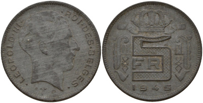 Бельгия 5 франков 1945 Belges, Леопольд III (1934-1947), германская оккупация KM 129.1 цинк 4161-951