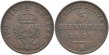 ПРУССИЯ 3 ПФЕННИГА 1858 А, ФРИДРИХ ВИЛЬГЕЛЬМ (1840-1861) KM 453 медь 117-1046