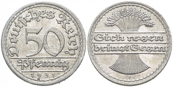 ГЕРМАНИЯ 50 ПФЕННИГОВ 1921 F KM 27, J. 301 алюминий 77-554