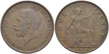 Великобритания 1 пенни 1936 Георг V (1910-1936) KM 838, Spink 4055 бронза 115-326