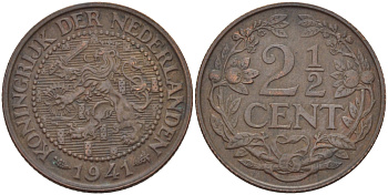 НИДЕРЛАНДЫ 2 1/2 ЦЕНТА 1941 ВИЛЬГЕЛЬМИНА KM 150 бронза 31-954