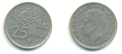 Испания 25 песет 1980 (80) чемпионат мира по футболу KM 818 медно-никель 89-1425