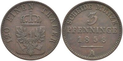 ПРУССИЯ 3 ПФЕННИГА 1858 А, ФРИДРИХ ВИЛЬГЕЛЬМ (1840-1861) KM 453 медь 117-1046