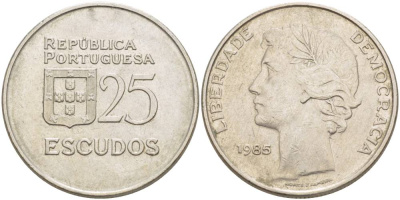 Португалия 25 эскудо 1985 KM 607а медно-никель 4542-924