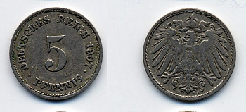 ГЕРМАНИЯ 5 ПФЕННИГОВ 1907 J, KM 11, J. 12 медно-никель 84-1514