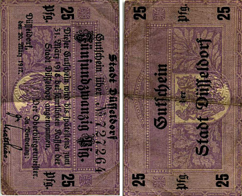 ДЮССЕЛЬДОРФ 25 ПФЕННИГОВ 1917-1918 20 МАРТА 1917 - 31 МАРТА 1918, НОТГЕЛЬД, ЗЕМЛЯ СЕВЕРНЫЙ РЕЙН-ВЕСТФАЛИЯ Keller D35.1a бумага 6318-27-1-1