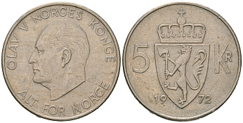 Норвегия 5 крон 1972 Улаф V (1957-1991) KM 412 медно-никель 4389-213
