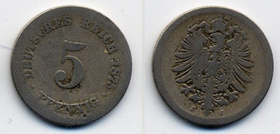ГЕРМАНИЯ 5 ПФЕННИГОВ 1875 J, СТАРОГЕРБОВКА KM 3, J.3 медно-никель 46-355