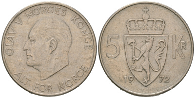 Норвегия 5 крон 1972 Улаф V (1957-1991) KM 412 медно-никель 4389-213
