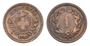 Швейцария 1 раппен 1850 A KM 3.1 бронза 1531-911