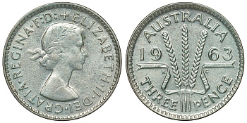 Австралия 3 пенса 1963 m, Елизавета II (1952-2022) KM 57 серебро 71-916