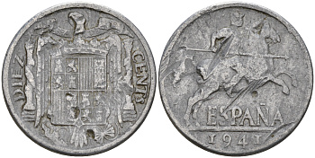 Испания 10 сентимо 1941 всадник KM 766 алюминий    4153-147