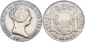 ИСПАНИЯ 10 РЕАЛОВ 1855 ИЗАБЕЛЛА II, ИМИТАЦИЯ белый металл 3855-546