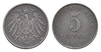 Германия 5 пфеннигов 1917 A, Вильгельм II (1888-1918) KM 19, J. 297, Weege 5 железо плакированное цинком 4640-159