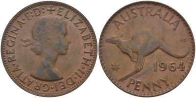 АВСТРАЛИЯ 1 ПЕННИ 1964 p, ЕЛИЗАВЕТА II (1953-), КЕНГУРУ KM 56 бронза 82-813