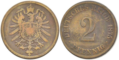 ГЕРМАНИЯ 2 ПФЕННИГА 1875 G, СТАРОГЕРБОВКА KM 2, J. 2, Weege 3 медь 212-512