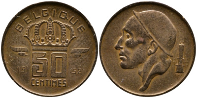 БЕЛЬГИЯ 50 САНТИМОВ 1952 BELGIQUE KM 144 бронза 4387-641
