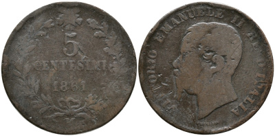 ИТАЛИЯ 5 ЧЕНТЕЗИМО 1861 М, ВИКТОР ИМАНУИЛ II KM 3.2 медь 28-835