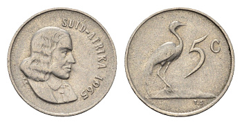 ЮАР 5 центов 1965 Ян ван Рибек (1619-1677), Suid Africa, легенда на африкаанс, райский журавль KM 67.2 медно-никель 4694-421