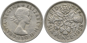 Великобритания 6 пенсов 1958 Елизавета II (1952-2022) KM 903, Spink 4149 медно-никель 4567-636