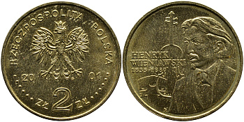 Польша 2 злотых 2001 MW, Генрик Венявский (1835-1880) KM 426 нордик UNC 4521-1143