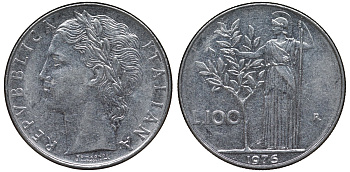 Италия 100 лир 1976 R, Афина в доспехах KM 96.1 нержавеющая сталь 4123-1235
