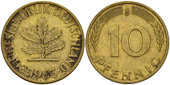 ФРГ 10 пфеннигов 1985 G J. 383, KM 108 сталь плакированная латунью    4603-537