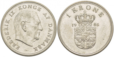 ДАНИЯ 1 КРОНА 1965 C; S, ФРЕДЕРИК IX (1947-1972) KM 851.1 медно-никель 86-931