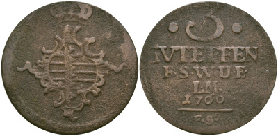 Саксен-Веймар-Эйзенах 3 пфеннига 1760 FS, Анна Амалия Брауншвейгская (1758-1775) KM 34, Koppe 593, Slg. Merseburger 3999 медь    65-554