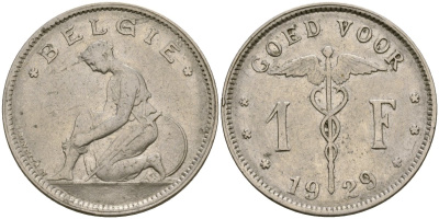 Бельгия 1 франк 1929 BELGI? KM 89 никель 210-533
