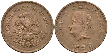Мексика 5 сентаво 1952 KM 424, Schoen 38 бронза 4118-111