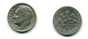 США 10 ЦЕНТОВ = 1 ДАЙМ 1975 РУЗВЕЛЬТ KM 195а медь плакированная медно-никелем 4364-354