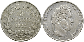 Франция 5 франков 1844 K, Луи Филипп I (1830-1848) KM 749.7 серебро 4386-225