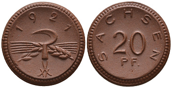 Саксония 20 пфеннигов 1921 колосья и серп J. N 53 фарфор UNC 1094-8-25