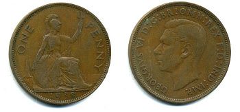 Великобритания 1 пенни 1938 Георг VI (1936-1952) KM 845, Spink 4114 бронза 37-615
