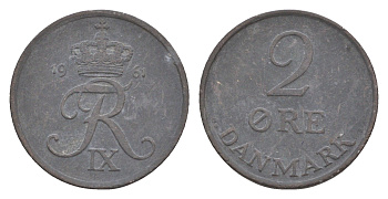 Дания 2 эре 1961 C; S, Фредерик IX (1947-1972) KM 840 цинк 4658-262