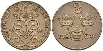 Швеция 2 эре 1934 Густав V (1907-1950) KM 778 бронза 119-1026