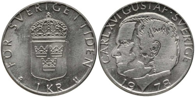 Швеция 1 крона 1978 U, Карл XVI Густав (1973- ) КМ 852 медь плакированная медно-никелем 202-521