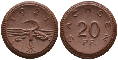 Саксония 20 пфеннигов 1921 колосья и серп J. N 53 фарфор UNC 1094-8-25