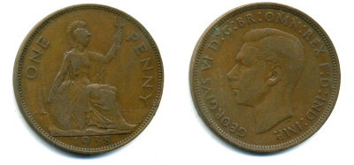Великобритания 1 пенни 1938 Георг VI (1936-1952) KM 845, Spink 4114 бронза 37-615