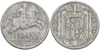 ИСПАНИЯ 10 СЕНТИМО 1941 РЫЦАРЬ НА КОНЕ KM 766 алюминий 213-115