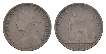 Великобритания 1 фартинг 1874 H, Виктория (1837-1901) KM 753, Spink 3959 бронза 4630-151