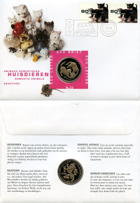 Нидерланды 1 экю 1998 Домашние питомцы, в оригинальном конверте, с марками, первый день гашения X 233 медно-никель BU 4-3-8-41
