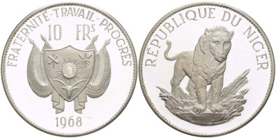 Нигер 10 франков 1968 лев, с чертой над Е, в слове Republique, тираж 1000 экземпляров KM 8.1 серебро PROOF 1080-8-24