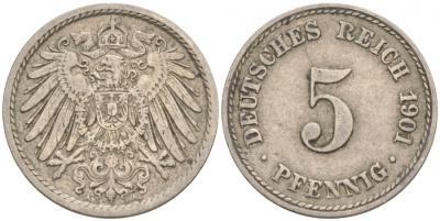 ГЕРМАНИЯ 5 ПФЕННИГОВ 1901 A, KM 11, J. 12 медно-никель 73-244