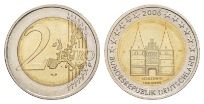 Германия 2 евро 2006 D, Федеральные земли Германии - Голштинские ворота в Любеке, Шлезвиг-Гольштейн KM 653 биметалл UNC 4633-1044