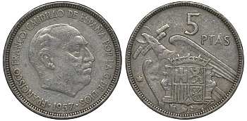 Испания 5 песет 1957 (65) Франсиско Франко (1939-1975) KM 786 медно-никель 4128-1234