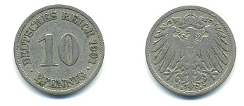 ГЕРМАНИЯ 10 ПФЕННИГОВ 1901 A KM 12, J. 13 медно-никель 4379-833