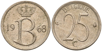 Бельгия 25 сантимов 1968 Belgique, Бодуэн I (1951-1993) KM 153.1 медно-никель 4594-555