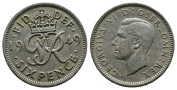 Великобритания 6 пенсов 1949 Георг VI (1936-1952) KM 875, Spink 4110 медно-никель 4381-923